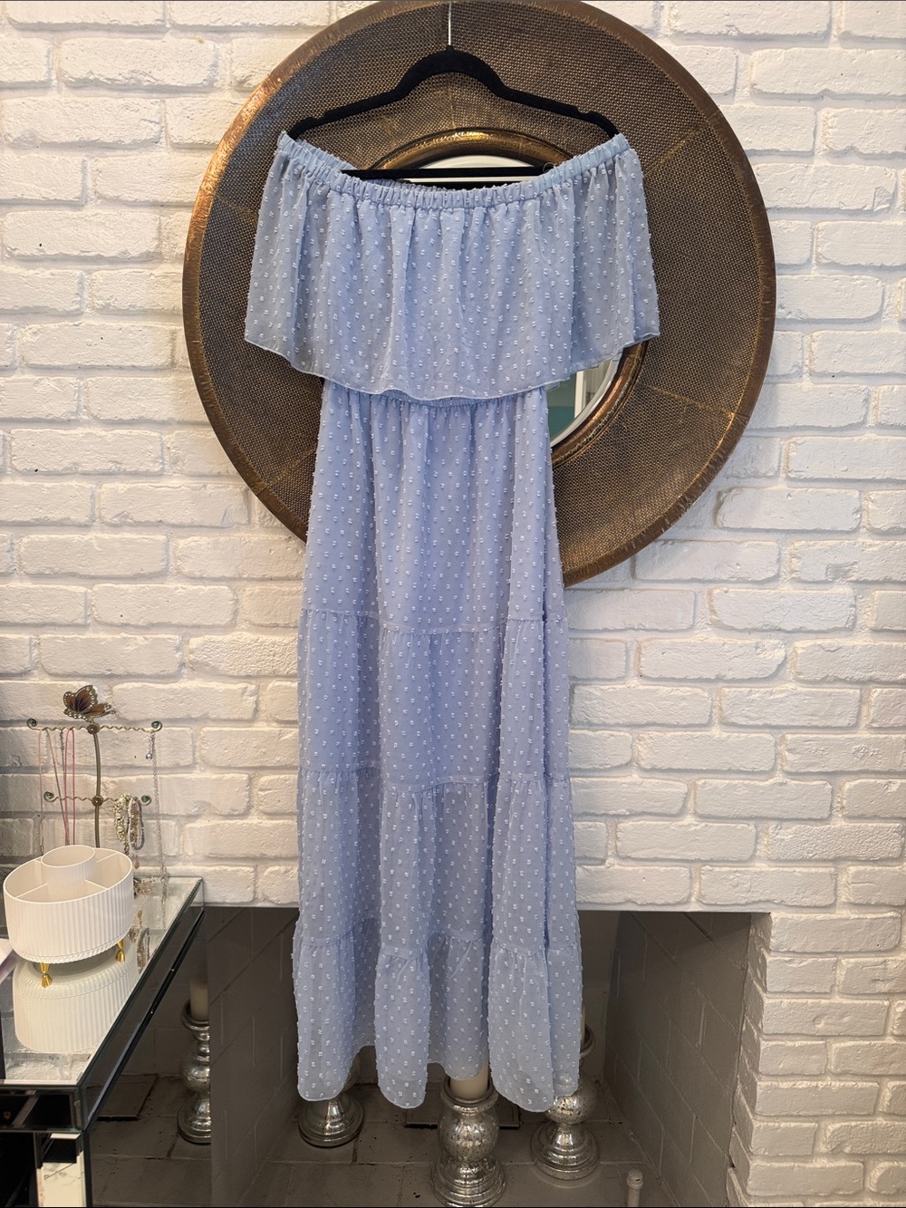 Strapless Light Blue Swiss Dot Maxi Dress